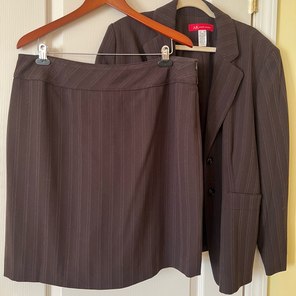 Brown pinstripe skirt suit from Anne Klein